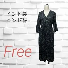 ワンピース カシュクール ブラック 花柄 総柄 インド綿 P341