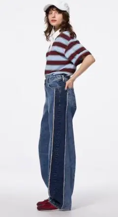 GU　ジーユー　2トーンバレルレッグジーンズ+EC(丈長め81.0cm)　M