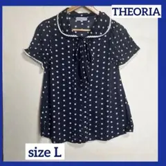 THEORIA リボン付き　ネイビー 水玉 半袖　ブラウス ドット柄　サイズL