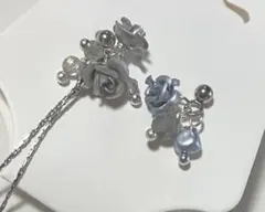 薔薇&ラブラドライト　淡水パール　アシンメトリー　ピアス