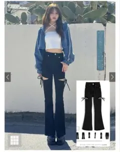 GRL サイドカットアウトリボンフレアパンツ[cu664]ブラック