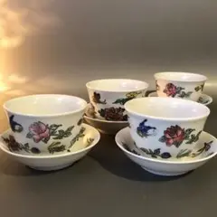 N267、景德鎮70年代手描き 粉彩 花蝶 絵茶托付湯呑み　4客 茶器セット