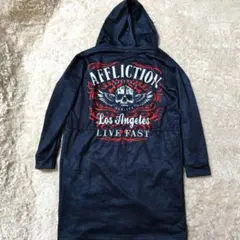 希少 Affliction フーディー ロング丈 グレー系 パーカー スカル
