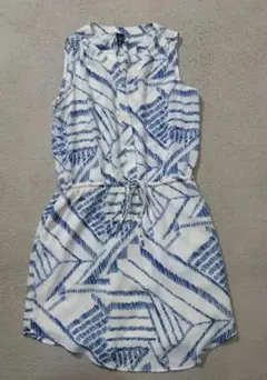 GAP ワンピース S 白×ブルー総柄 ノースリーブウエストリボン 裏地付 美品