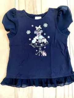 美品メゾピアノ　130センチ　ネイビー フリル付き刺繍Tシャツ