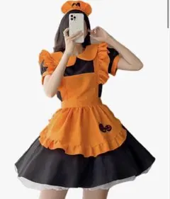 51 ハロウィン コスプレ メイド服 オレンジ S ワンピース エプロン付