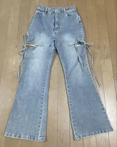 ライトブルー フレアパンツ サイドリボン付き