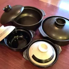 【美品】陶器製鍋 土鍋 4個セット 黒 白 蓋付き 居酒屋 4号 7号
