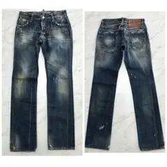 DSQUARED2 デニム パンツ ダメージ ロゴ レザー インディゴ 42