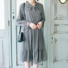 158☆GRL グレイル ひざ丈 ワンピース チェック リボン フレア ガーリー