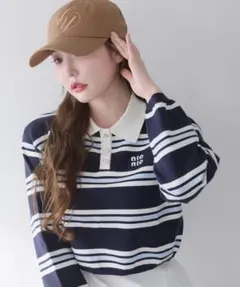 NICE CLAUP ロゴ入りポロ襟ニット ネイビー トップス 春服