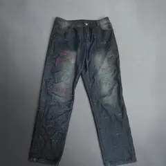 ダメージデニムパンツ ストリート系 レッドステッチ メンズ