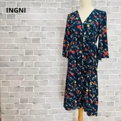 イングINGNI花柄Vネックロングワンピース紺ネイビー七分袖M B105