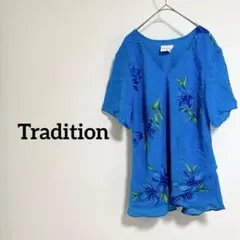 Tradition 花柄 五分袖チュニック 青