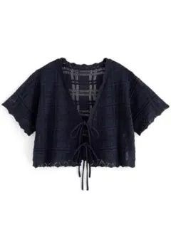 透かし編みチェックリボンニットボレロ［an1328］