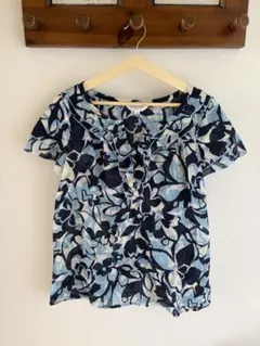 マリクレールビス 花柄シフォンブラウス フリルネック 紺青白 9R M 半袖のサムネイル