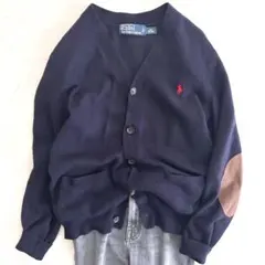 訳あり ポロバイラルフローレン エルボーパッチ付Ｖネックカーディガン ネイビー