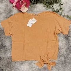 新品 XL リネン風トップス レディース 半袖 オレンジ リボン大きいサイズ