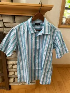 メンズ　半袖シャツ　Lサイズ　ストライプ　青