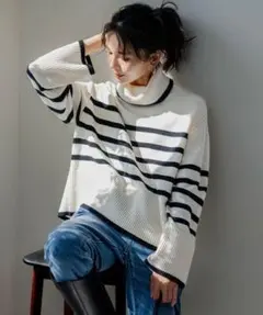 23区　【洗える】ウールミドルゲージ ボーダー　ニット　大きいサイズ　46