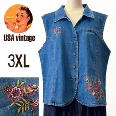 【りこたん様専用】デニムベスト　秋冬　大きいサイズ　3XL　花柄　刺繍　襟付き
