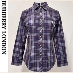 バーバリーロンドン 長袖シャツ ブラウス ネイビー チェック柄 ホースマーク刺繍