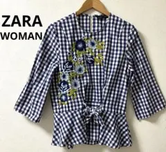 ZARA WOMANトップスブラウス 綺麗なお花の刺繍入り七分袖USAXSサイズ