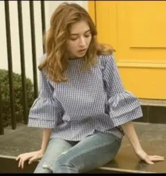 フリル袖　ブルーギンガムチェック　トップス