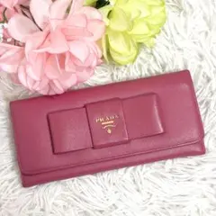 美品✨️PRADA 長財布 サフィアーノ フィオッコ ピンクベージュ リボン