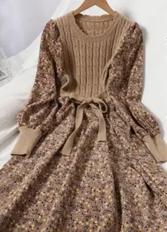 ワンピース 秋冬 長袖 花柄 ロング丈 かわいい
