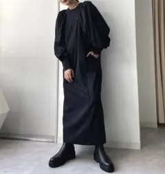 MARW マルゥ ギャザースリーブロングワンピース 黒 36 フォーマル対応