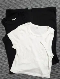 【セット】GU ブラック リブナローワンピース 　ポインテールT オフホワイト