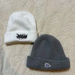 ニット帽 2点セット 白 グレー ロゴ入り