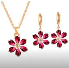 ネックレス＆ピアスセット（ローズレッド）