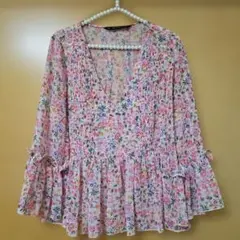 【中古品】ZARA BASIC フラワープリント 七分袖 シフォンブラウス