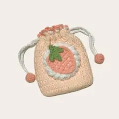 ハンドメイド　編み物　小物入れ　巾着　ピンク いちご ミニポーチ