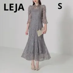 LEJA スパンコール花柄刺繍デコルテカットソフトパフスリーブマーメイドドレスSのサムネイル
