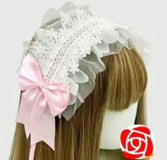 カチューシャ　ヘッドドレス　ヘアピン　白　ピンク　リボン　コスプレ　ロリータ