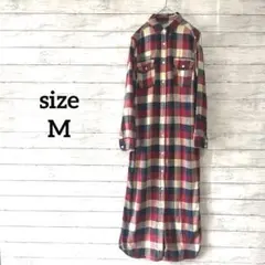 シャツワンピース ロング M 赤 チェック カジュアル 綿100% ビンテージ