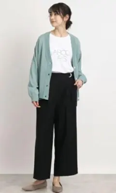【新品未使用】麻混ヘリンボーン柄 ワイドパンツ　黒　Lサイズ