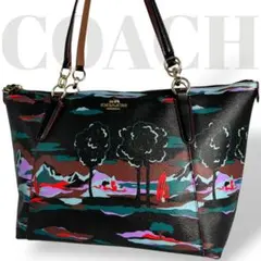 美品✨希少　コーチ　A4可　トートバッグ　レザー　肩掛　総柄　黒　マルチカラー