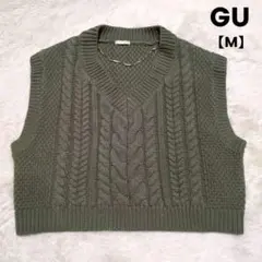 GU　ケーブルニット　ベスト　ダークグレー　編み込み　ゆったり【M】のサムネイル