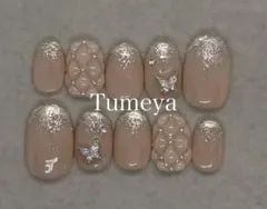 ネイルチップ　ベージュ　シルバー　グラデーション　キラキラ　蝶々　ニュアンス