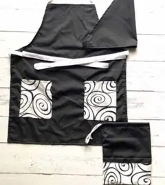 50 ハンドメイド渦巻き柄エプロン三角巾巾着3点子供用黒150