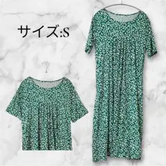ヴィンテージ❣️【S】半袖ワンピース グリーン ドット 水玉 体型カバー ゆったり