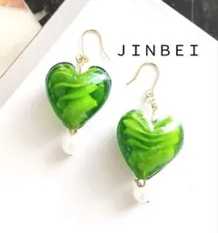 上品♡No.764ハートランプワーク×シェルパールピアス(グリーンティーカラー)