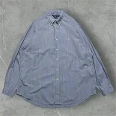 90s ラルフローレン 長袖BDシャツ 2XL 水色 ストライプ .○6575