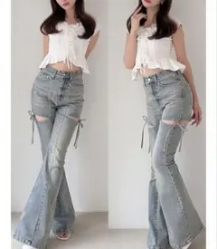 RESEXXY 【追加生産分】カットアウトリボンデニムパンツ ライトブルー(M)のサムネイル