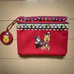 【くまのプーさん】 終売品 ポーチ 赤色 クリスマス 刺繍 多機能 個性的