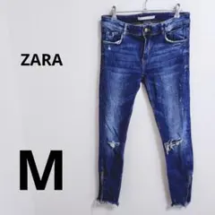 ◆美品◆ ザラ デニム パンツ ジーンズ スキニー ダメージ フリンジ 刺繍 M